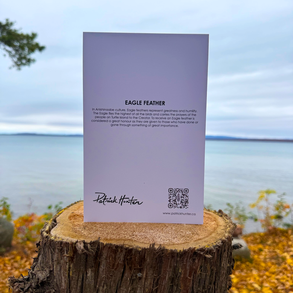 The back of a greeting card with painting title, excerpt, Patrick's signature, and website details.
