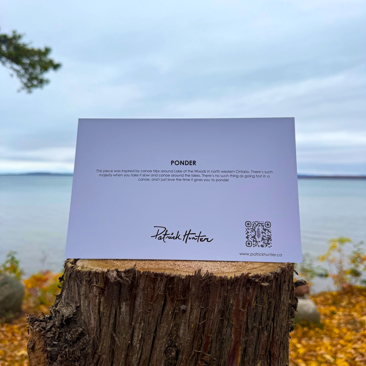 The back of a greeting card with painting title, excerpt, Patrick's signature, and website details.