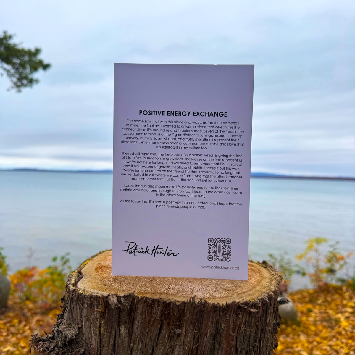 The back of a greeting card with painting title, excerpt, Patrick's signature, and website details.