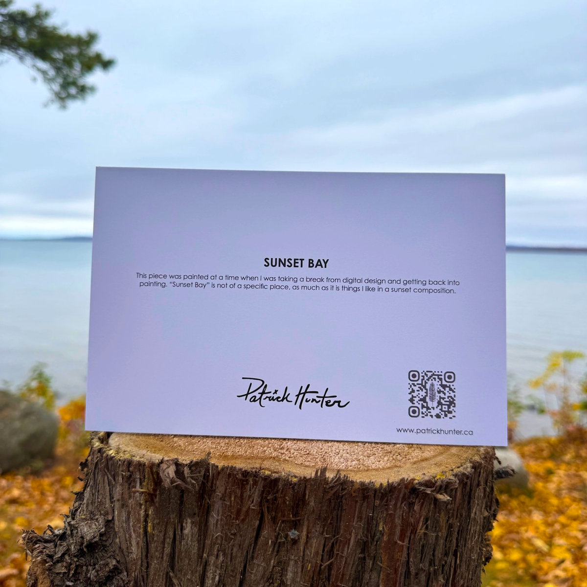 The back of a greeting card with painting title, excerpt, Patrick's signature, and website details.