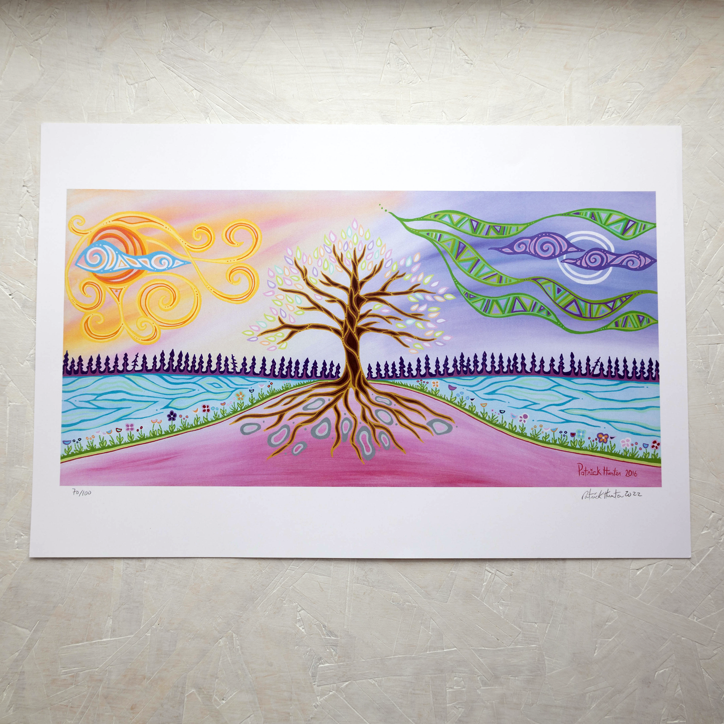 Print of Patrick Hunter's painting of sun, moon, water, land, and tree in woodland art style.