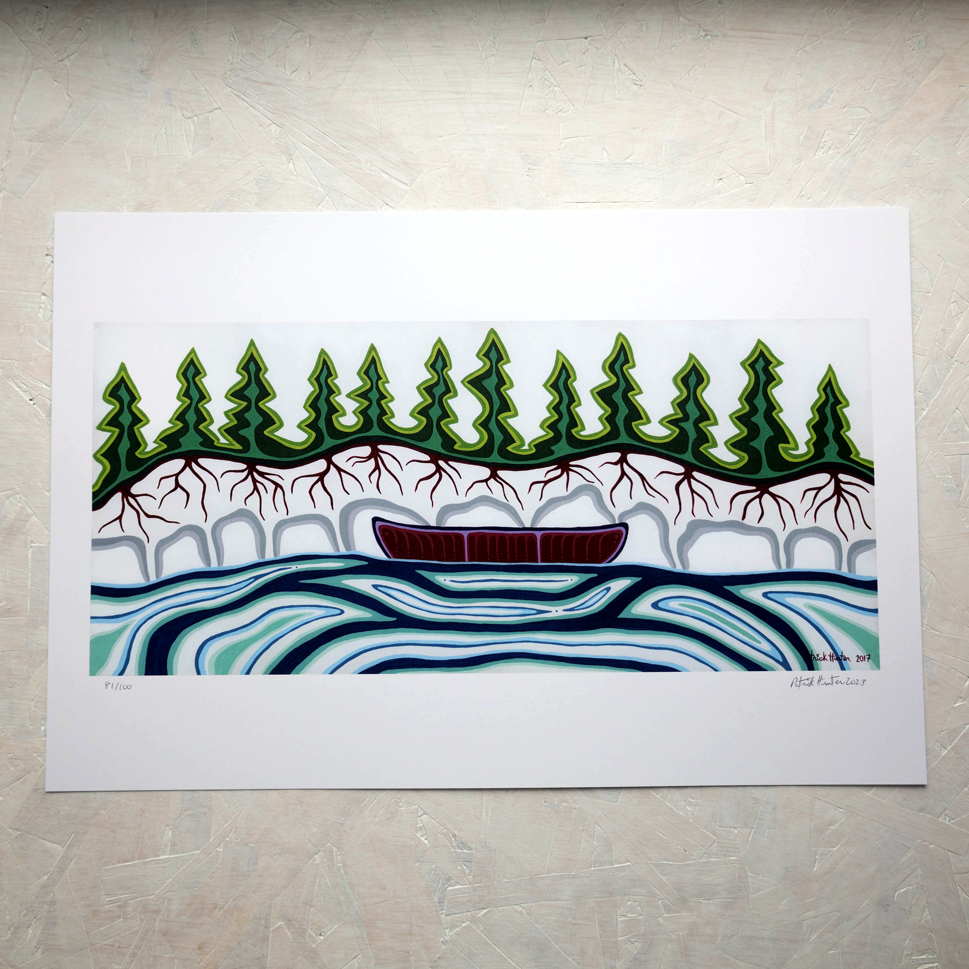 Print of Patrick Hunter's painting of a canoe on water, woodland art style.