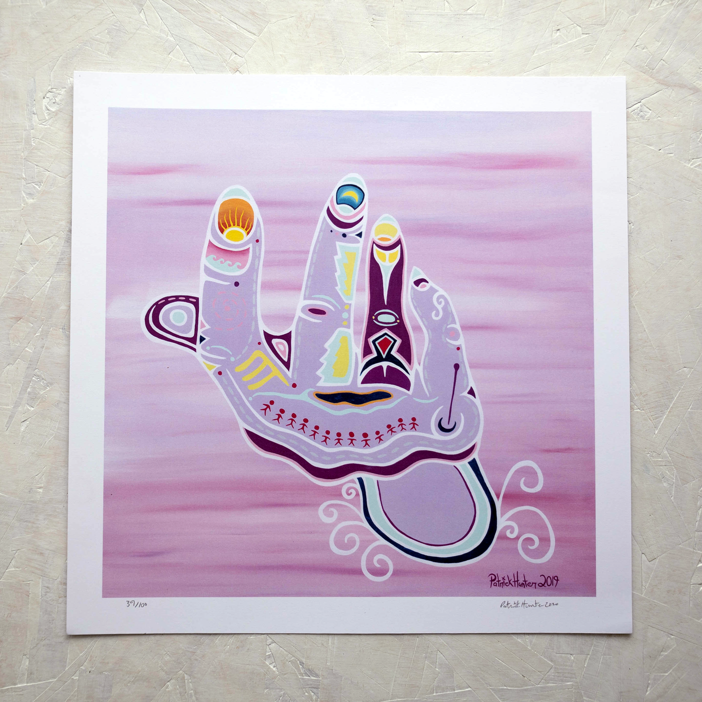 Print of Patrick Hunter's painting of a hand reaching forward, palm up with symbols and illustrations inside the hand, woodland art style.