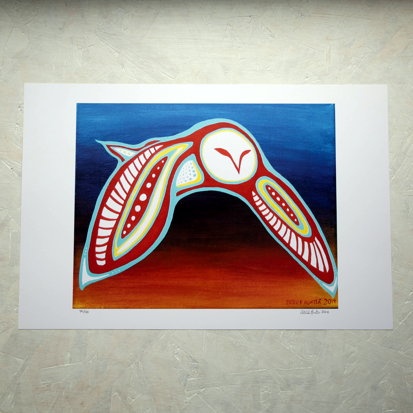 Print of Patrick Hunter's painting of a snowy owl in flight against a dark gradient background, woodland art style.