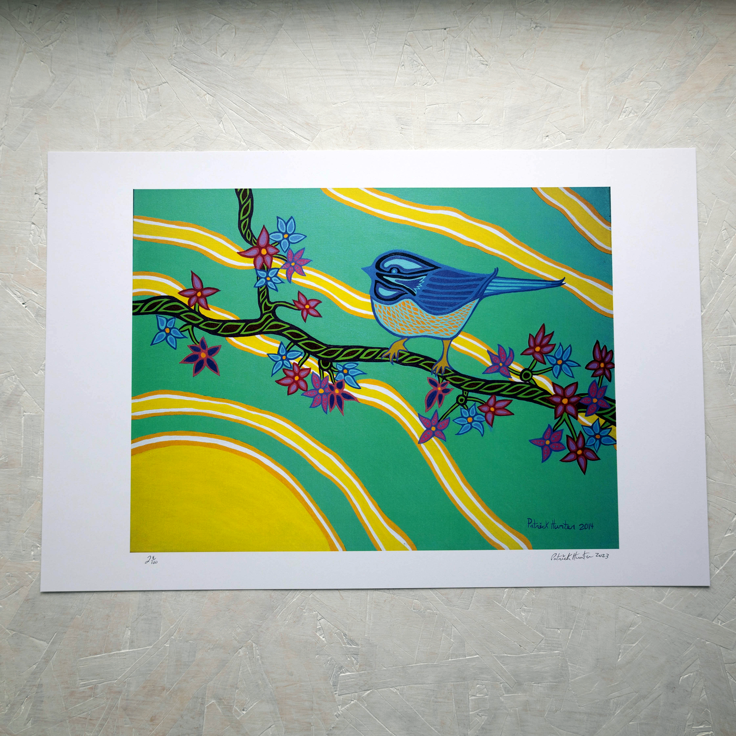 Print of Patrick Hunter's painting of a small blue bird on a branch with flowers, woodland art style.