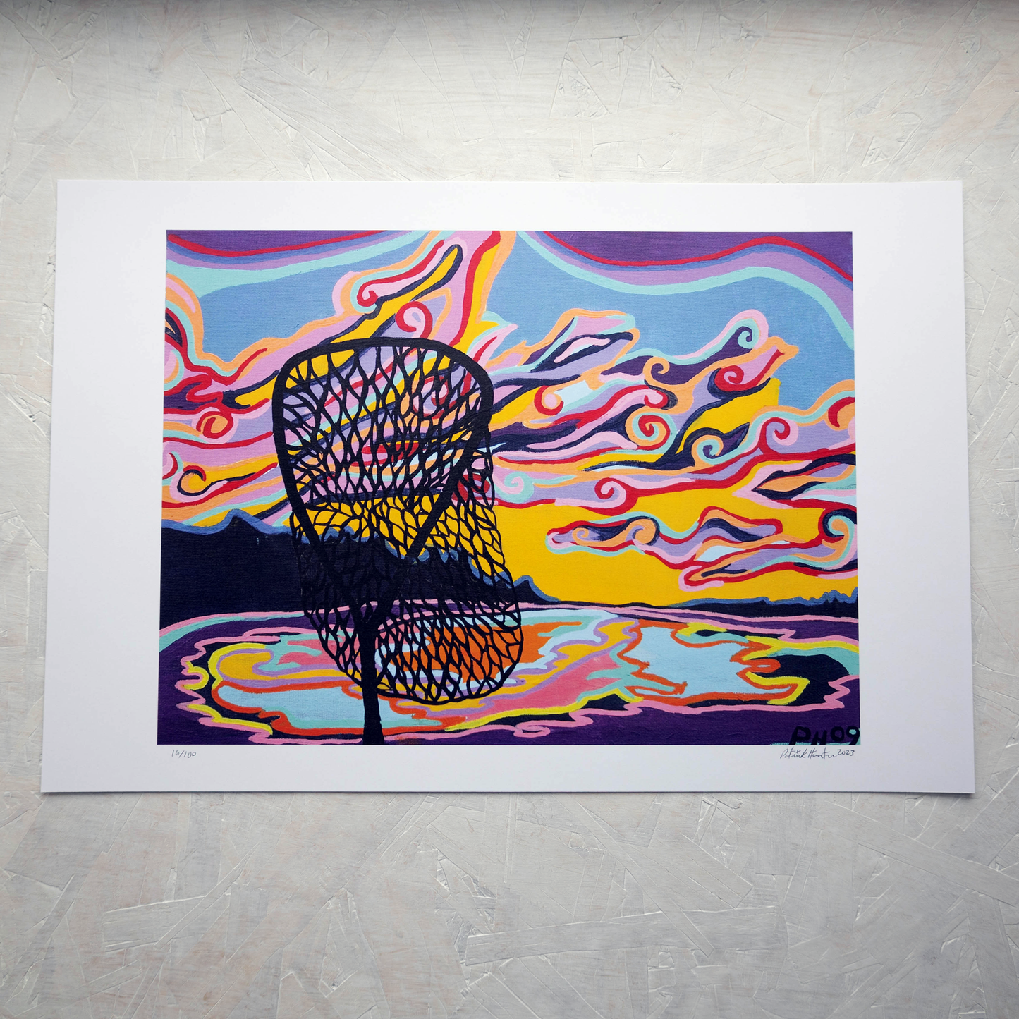Print of Patrick Hunter's painting of the silhouette of a net against a vibrant sunset sky, reflected in water, woodland art style.