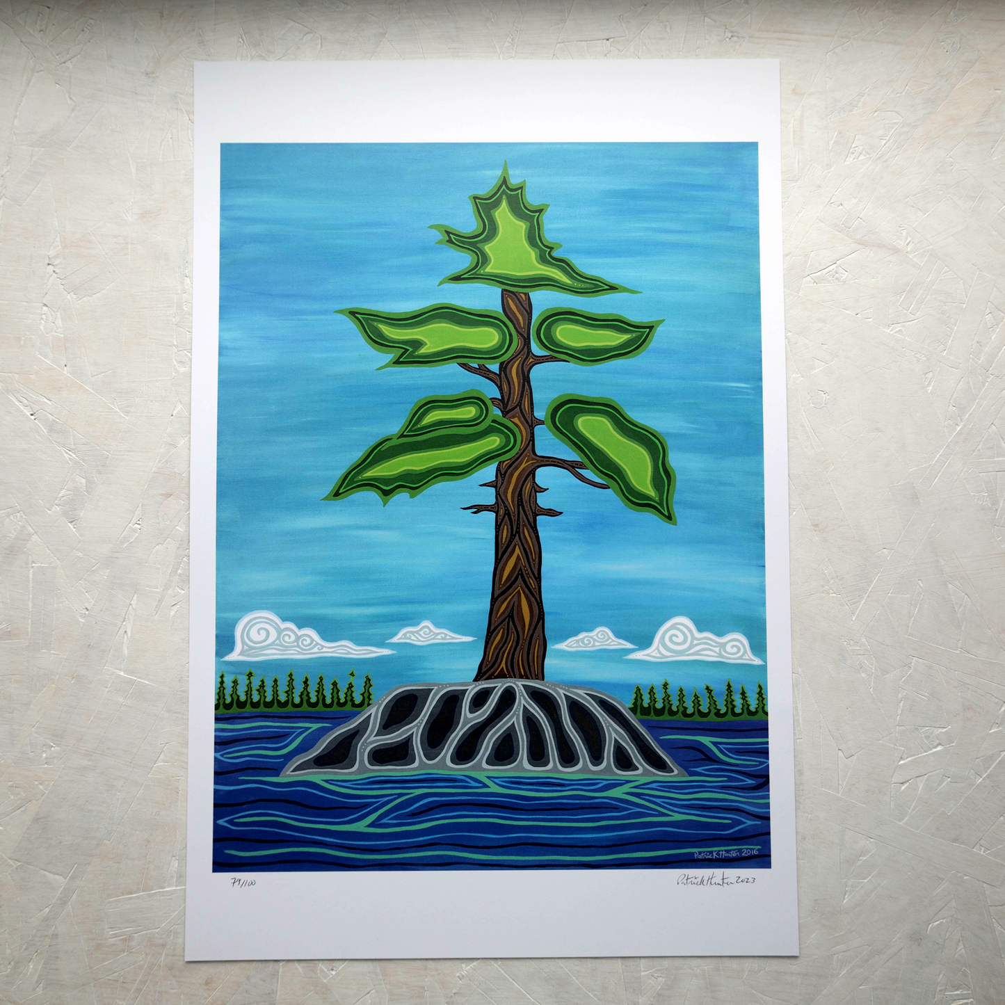 Print of Patrick Hunter's painting of a white pine standing solitary surrounded by water with forest in the distant background, woodland art style.