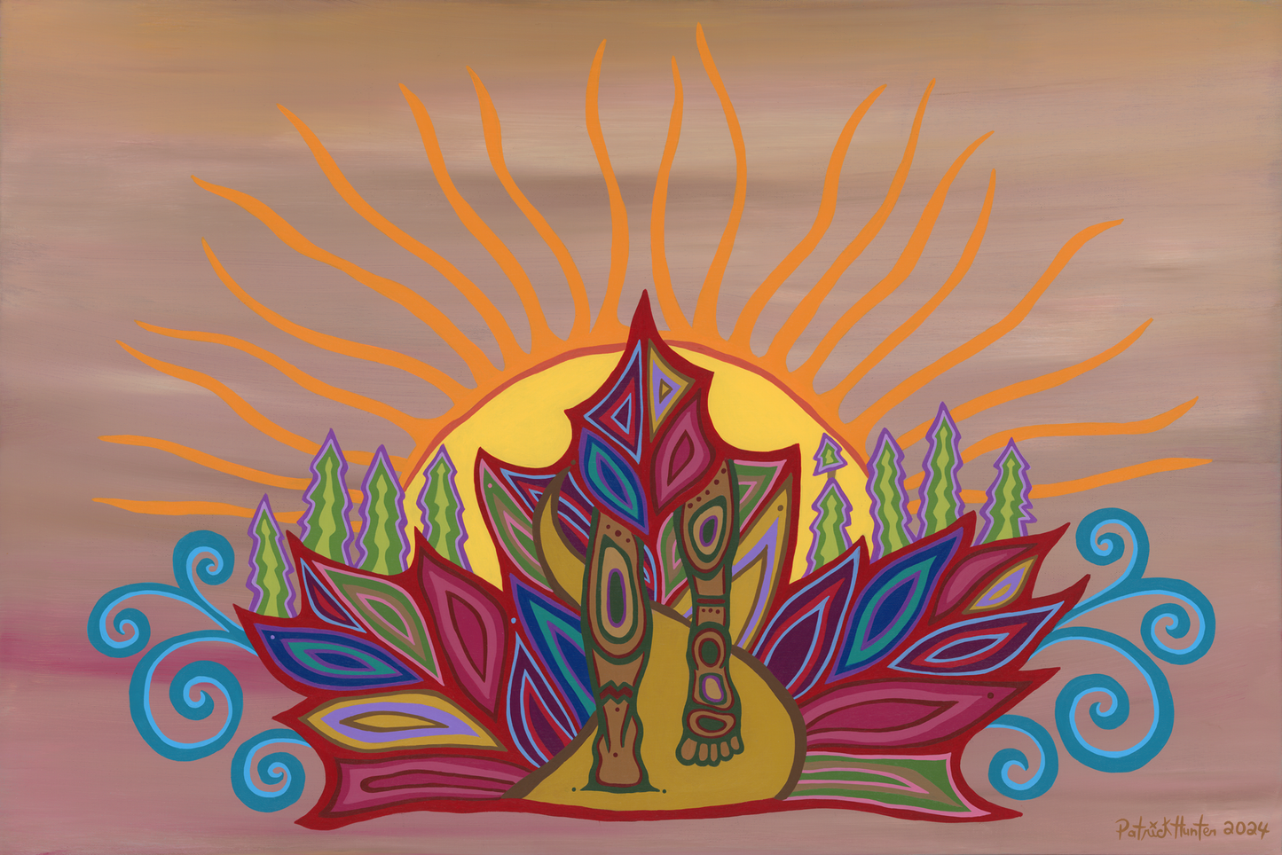 Patrick Hunter's original painting on canvas of Spirit Walk, a woodland style piece comprised of colourful elements. A sun, with trees, a maple leaf, and feet walking a path.
