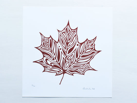 Print of Patrick Hunter's painting of a maple leafe in red on white, woodland art style.