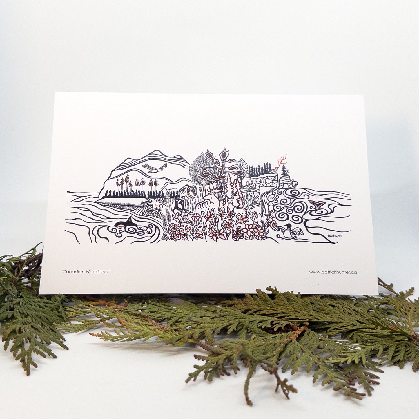 A greeting card with Patrick Hunter's Canadian Woodland work in woodland art style rests on cedar boughs.