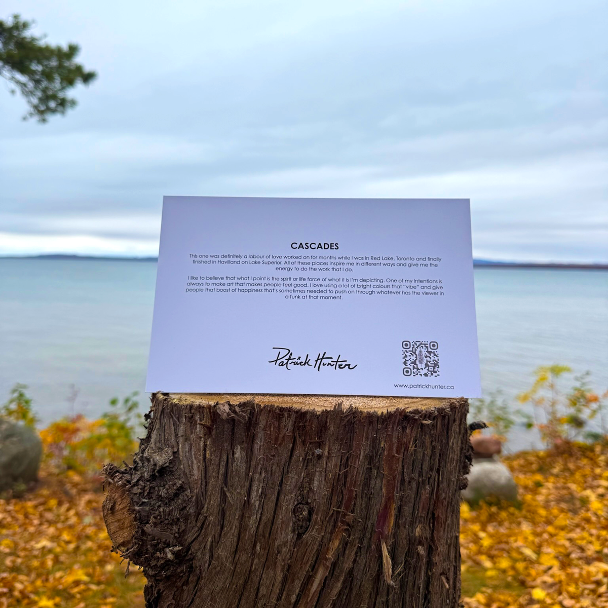 The back of a greeting card with painting title, excerpt, Patrick's signature, and website details.