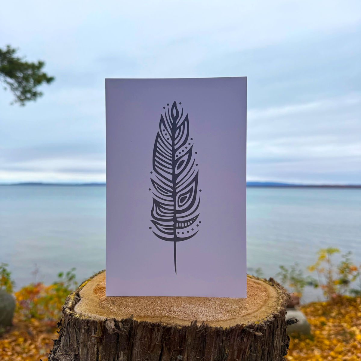 A greeting card with Patrick's woodland art style eagle feather in dark grey on a white background.