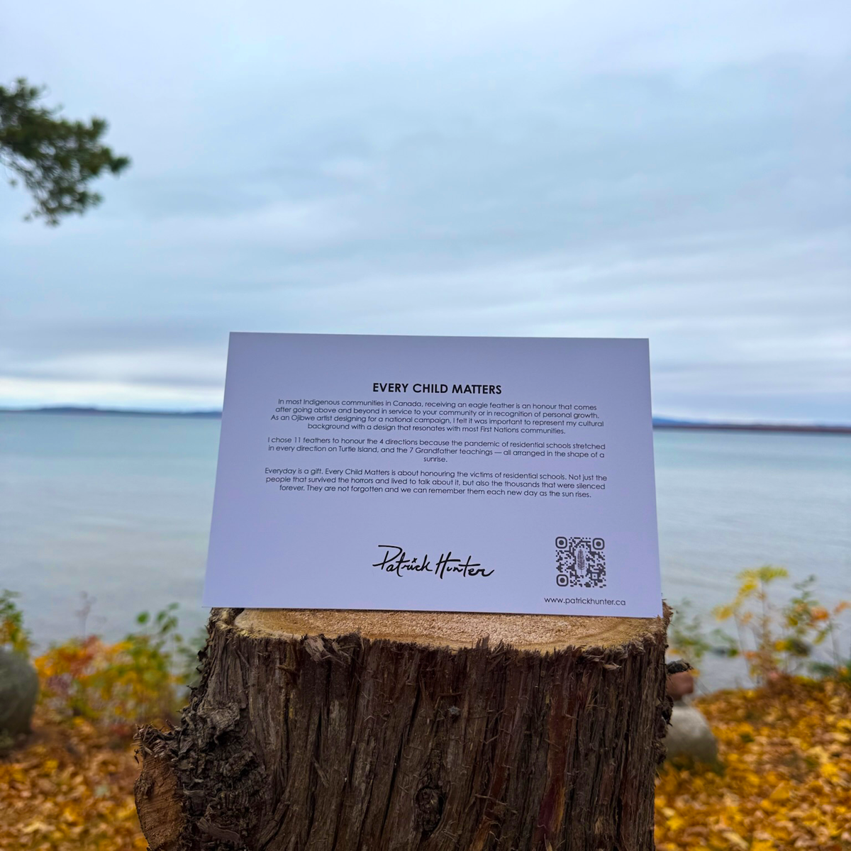 The back of a greeting card with painting title, excerpt, Patrick's signature, and website details.