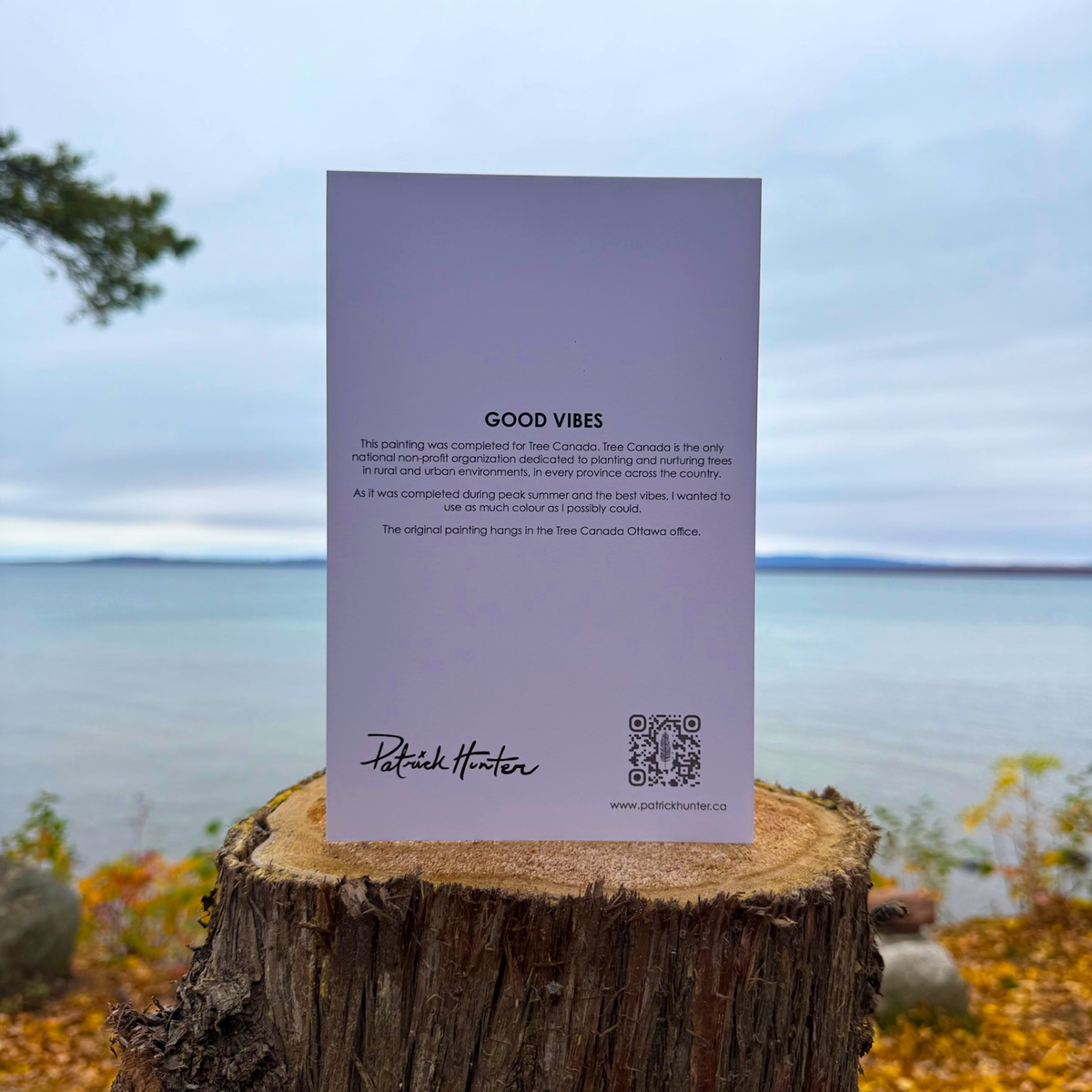 The back of a greeting card with painting title, excerpt, Patrick's signature, and website details.