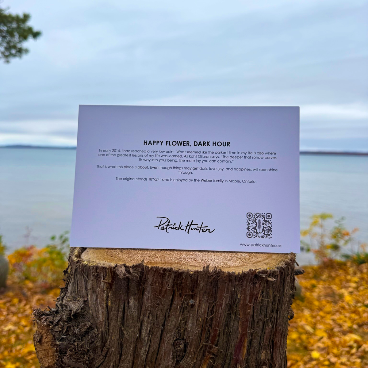 The back of a greeting card with painting title, excerpt, Patrick's signature, and website details.
