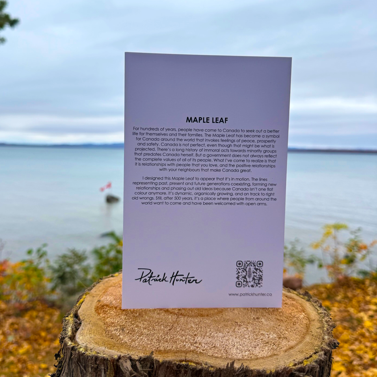 The back of a greeting card with painting title, excerpt, Patrick's signature, and website details.