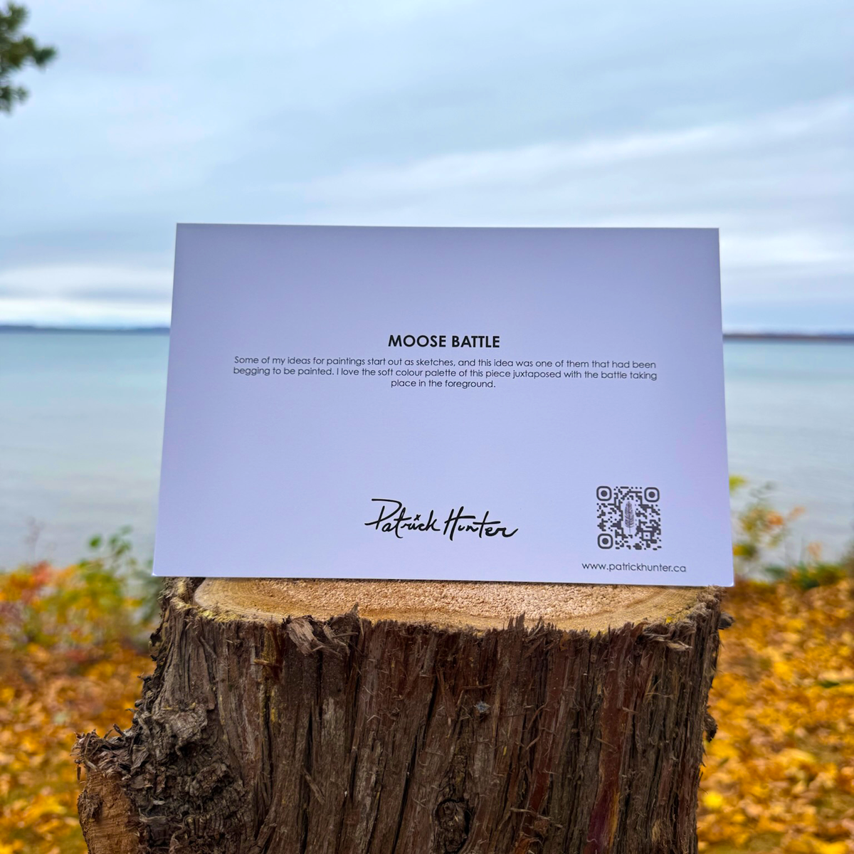 The back of a greeting card with painting title, excerpt, Patrick's signature, and website details.