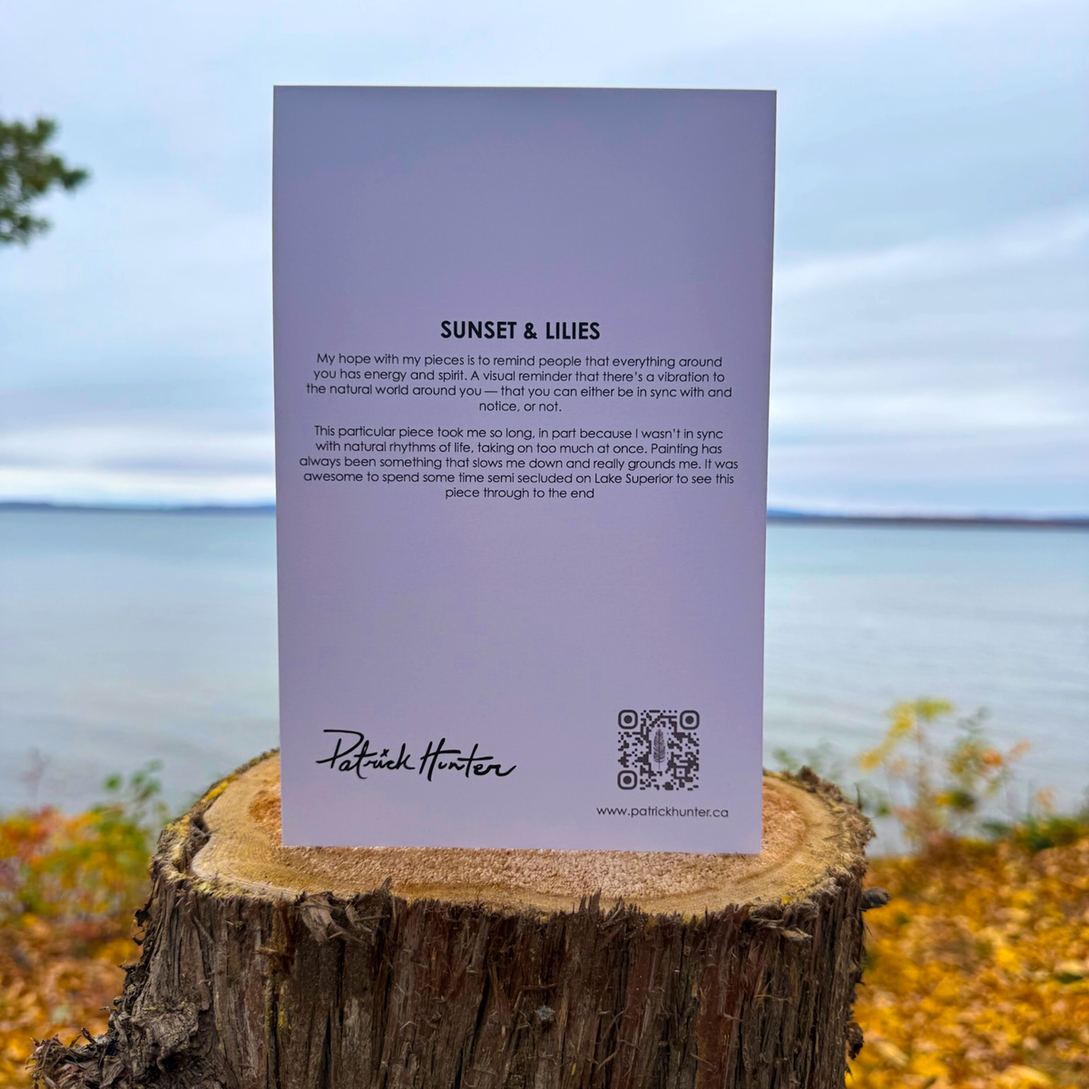 The back of a greeting card with painting title, excerpt, Patrick's signature, and website details.