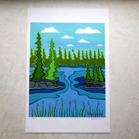 Print of Patrick Hunter's painting of trees and river shoreline in woodland art style