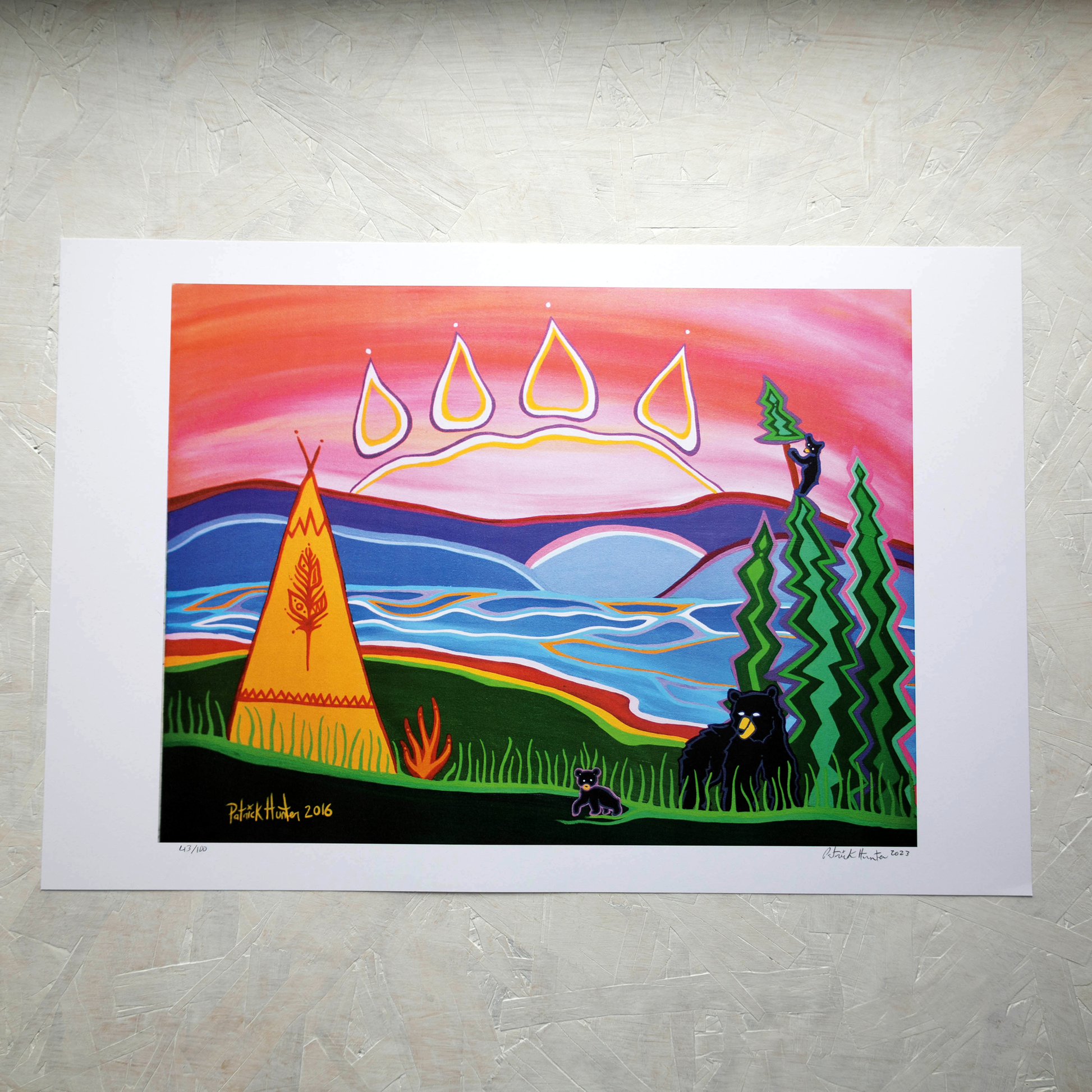 Print of Patrick Hunter's painting of bears visiting a camp in woodland art style.