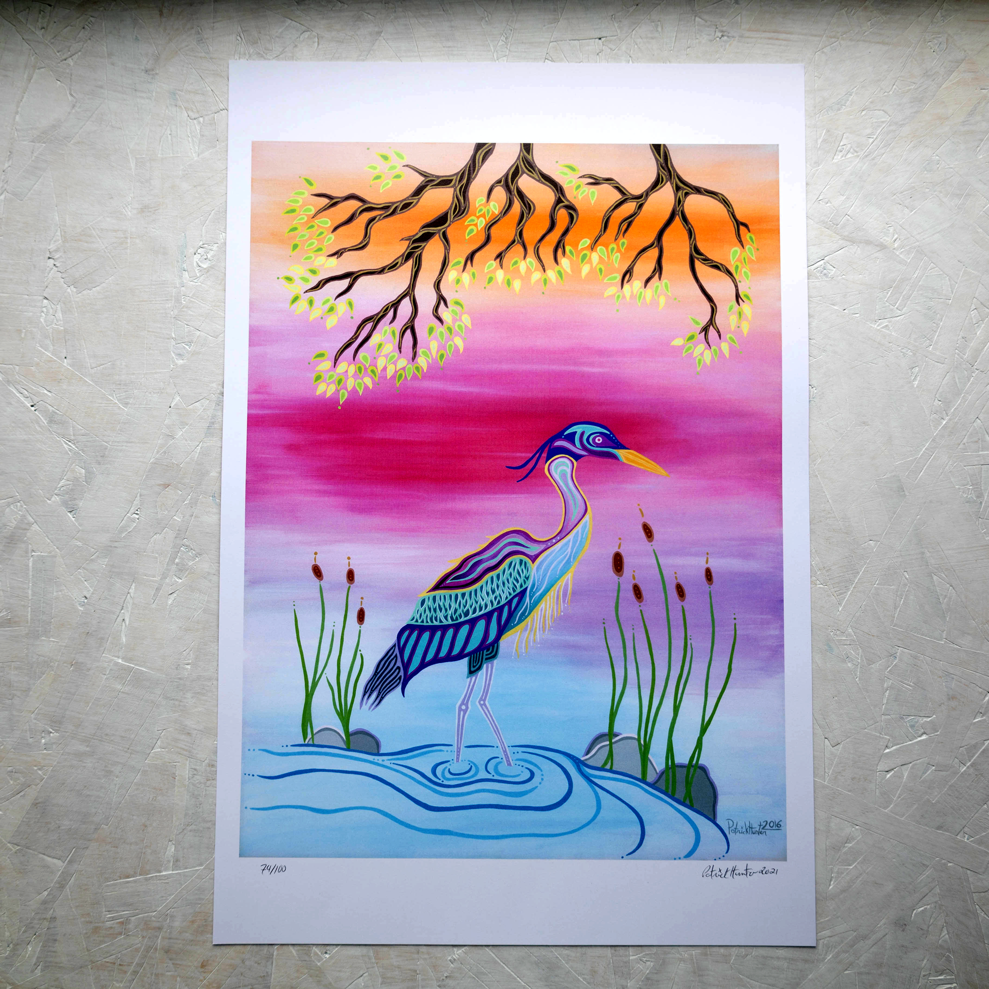Print of Patrick Hunter's painting of a blue heron in woodland art style.
