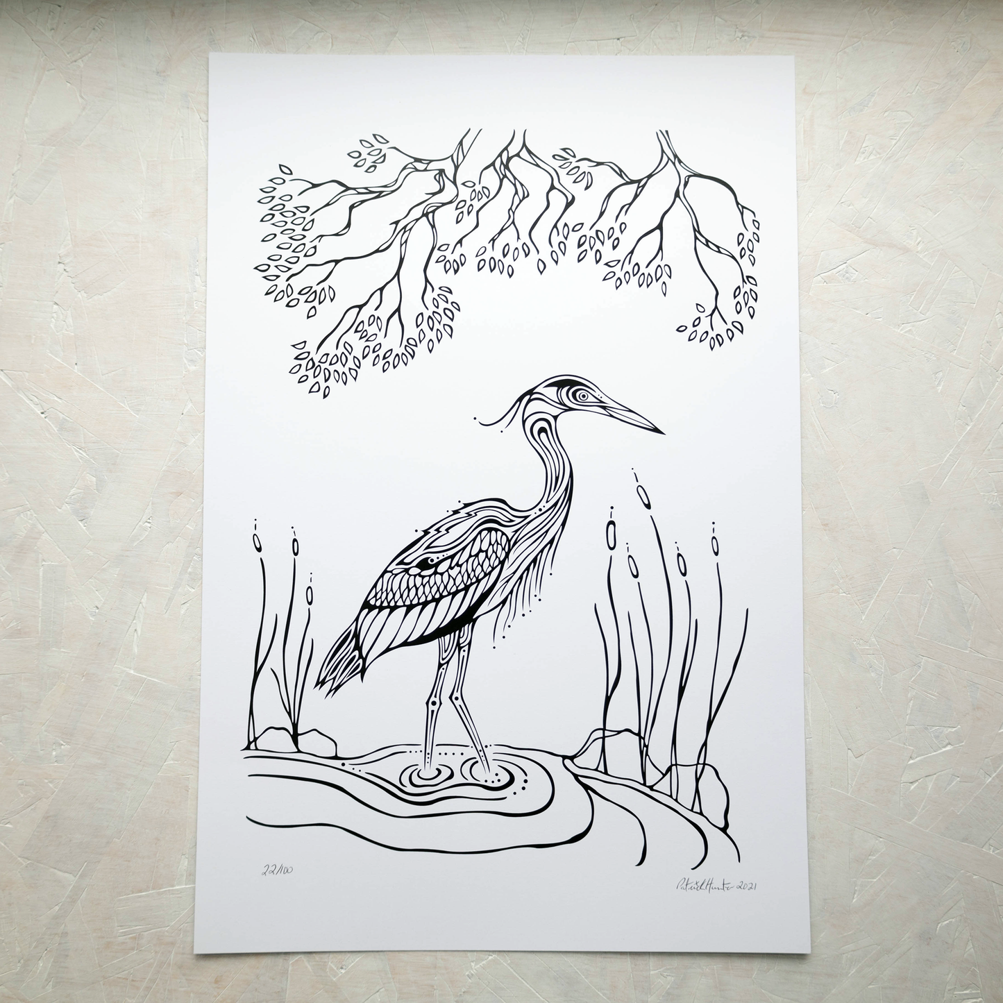 Print of Patrick Hunter's painting of a blue heron in woodland art style, black and white.
