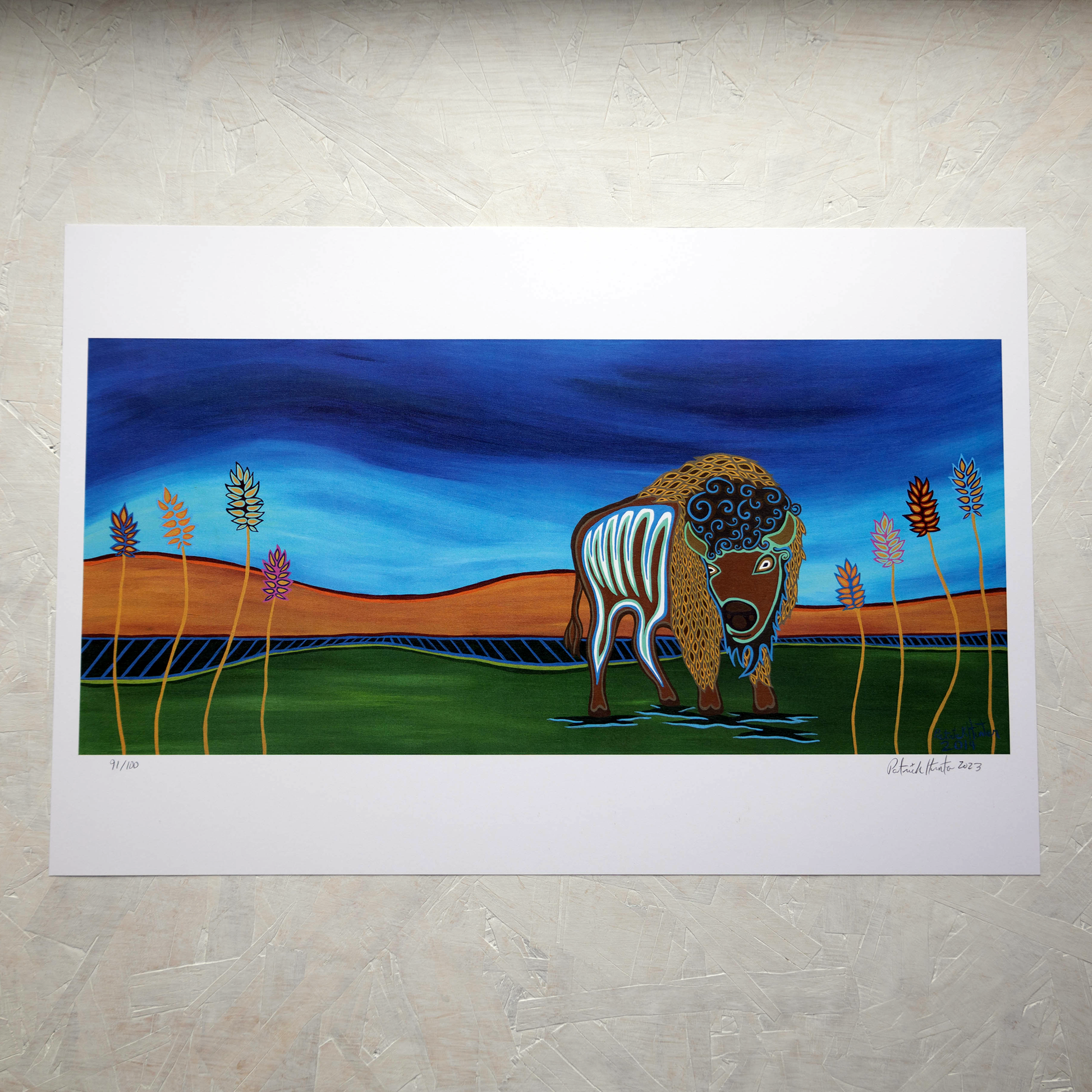 Print of Patrick Hunter's painting of a buffalo on the plains in woodland art style.