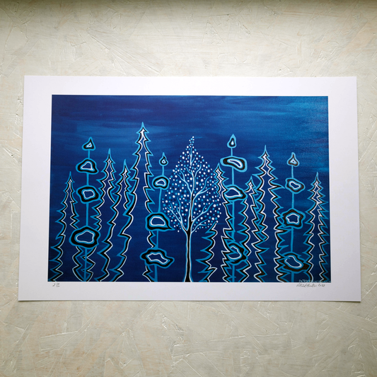 Print of Patrick Hunter's painting of trees against a blue background in woodland art style.