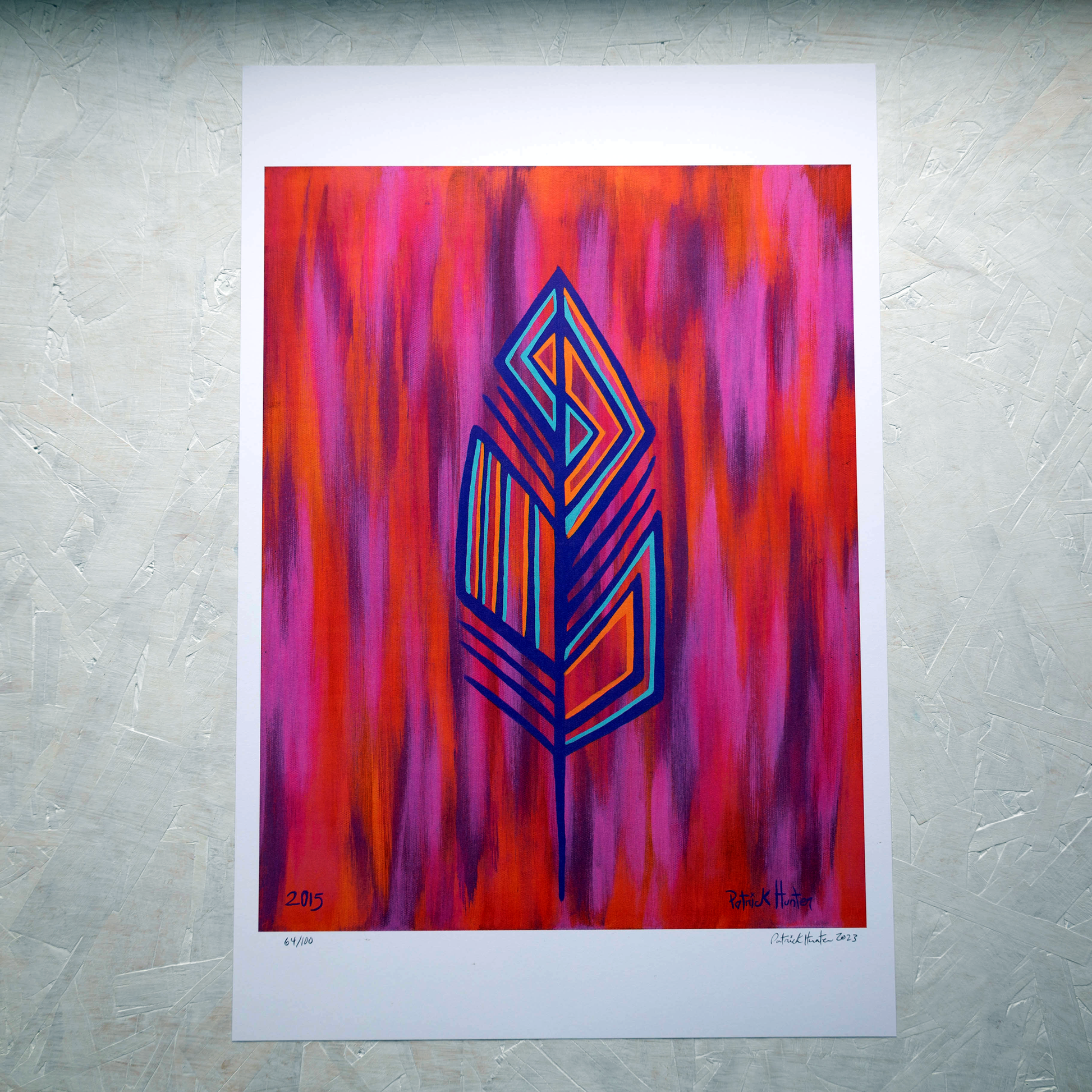 Print of Patrick Hunter's painting of a feather on a varigated pink, purple, orange background in woodland art style.