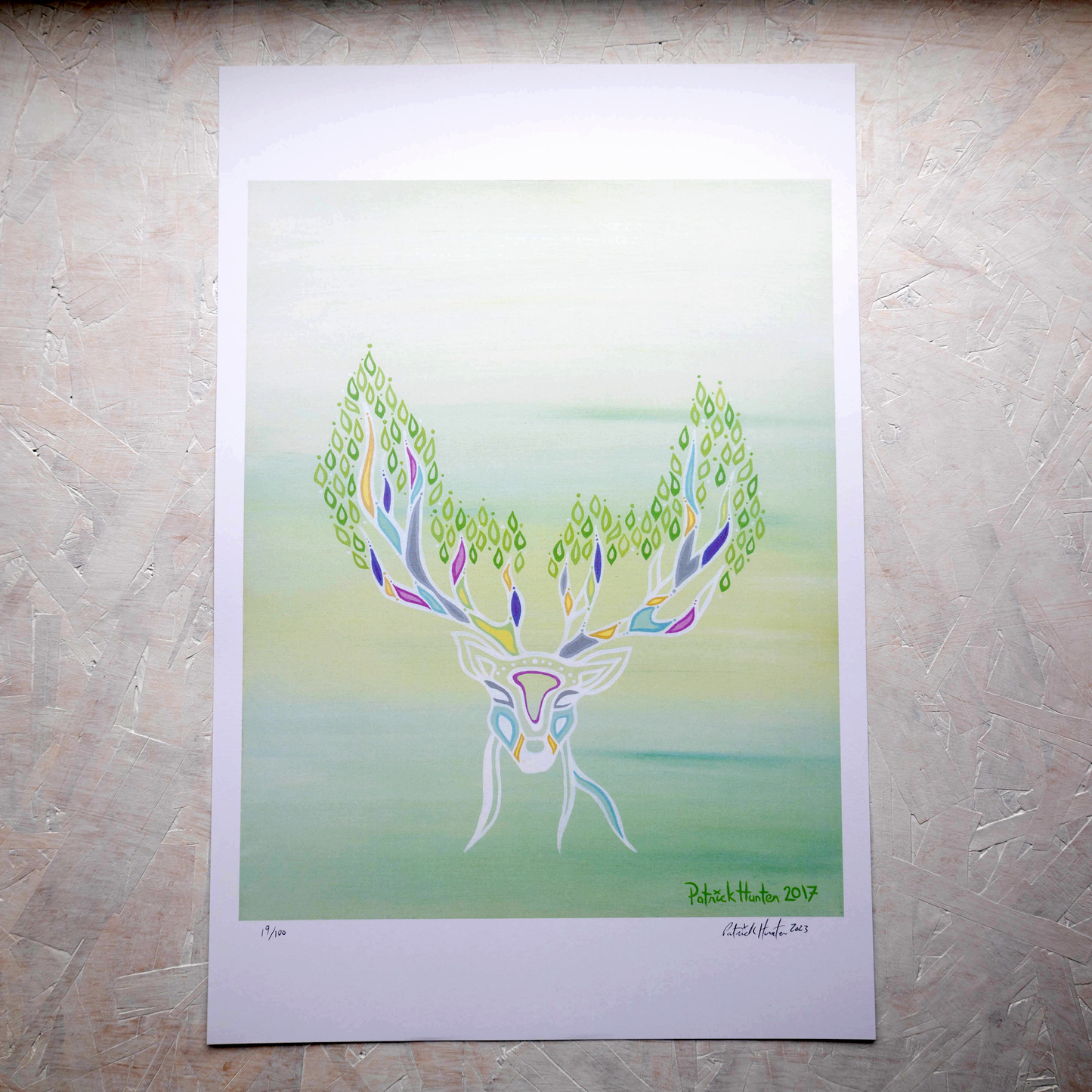 Print of Patrick Hunter's painting of a deer spirit in woodland art style.