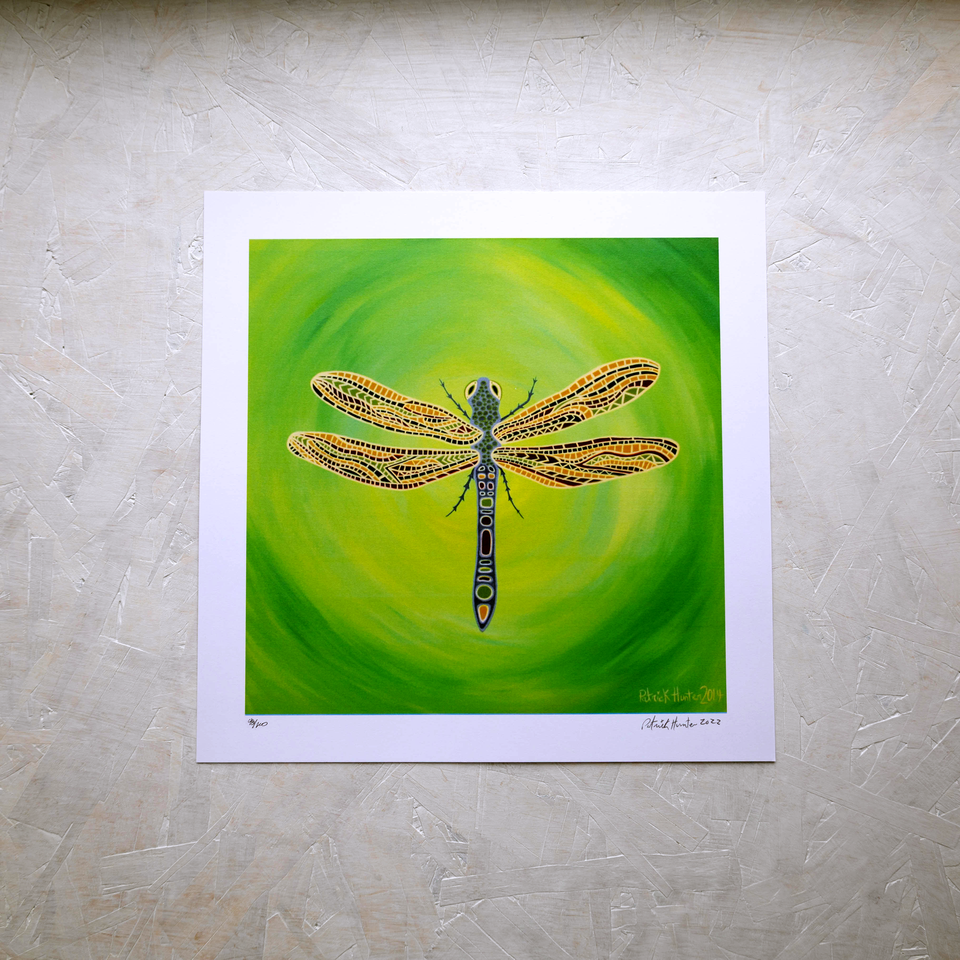 Print of Patrick Hunter's painting of a dragonfly against green background in woodland art style.