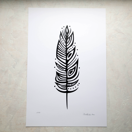 Print of Patrick Hunter's painting of an eagle feather in black on white, woodland art style.