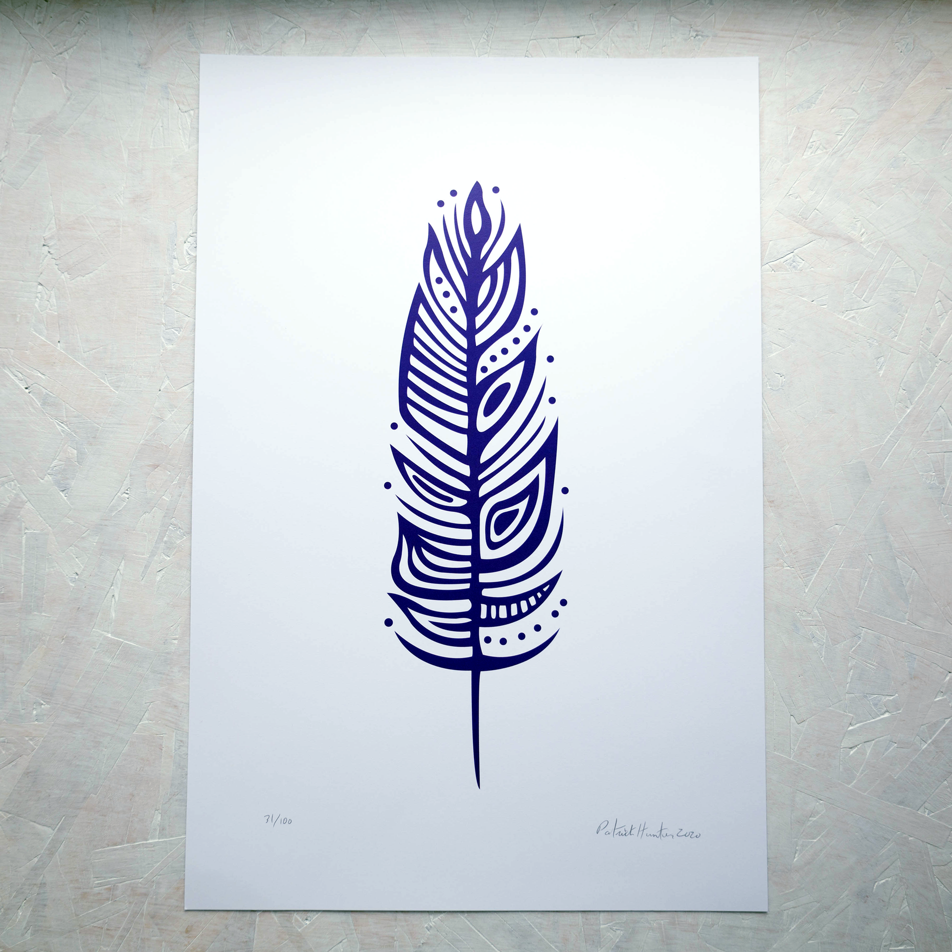 Print of Patrick Hunter's painting of an eagle feather in violet on white, woodland art style.