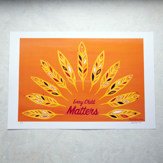 Print of Patrick Hunter's painting of feathers on an orange background radiating out from text that reads Every Child Matters, woodland art style.
