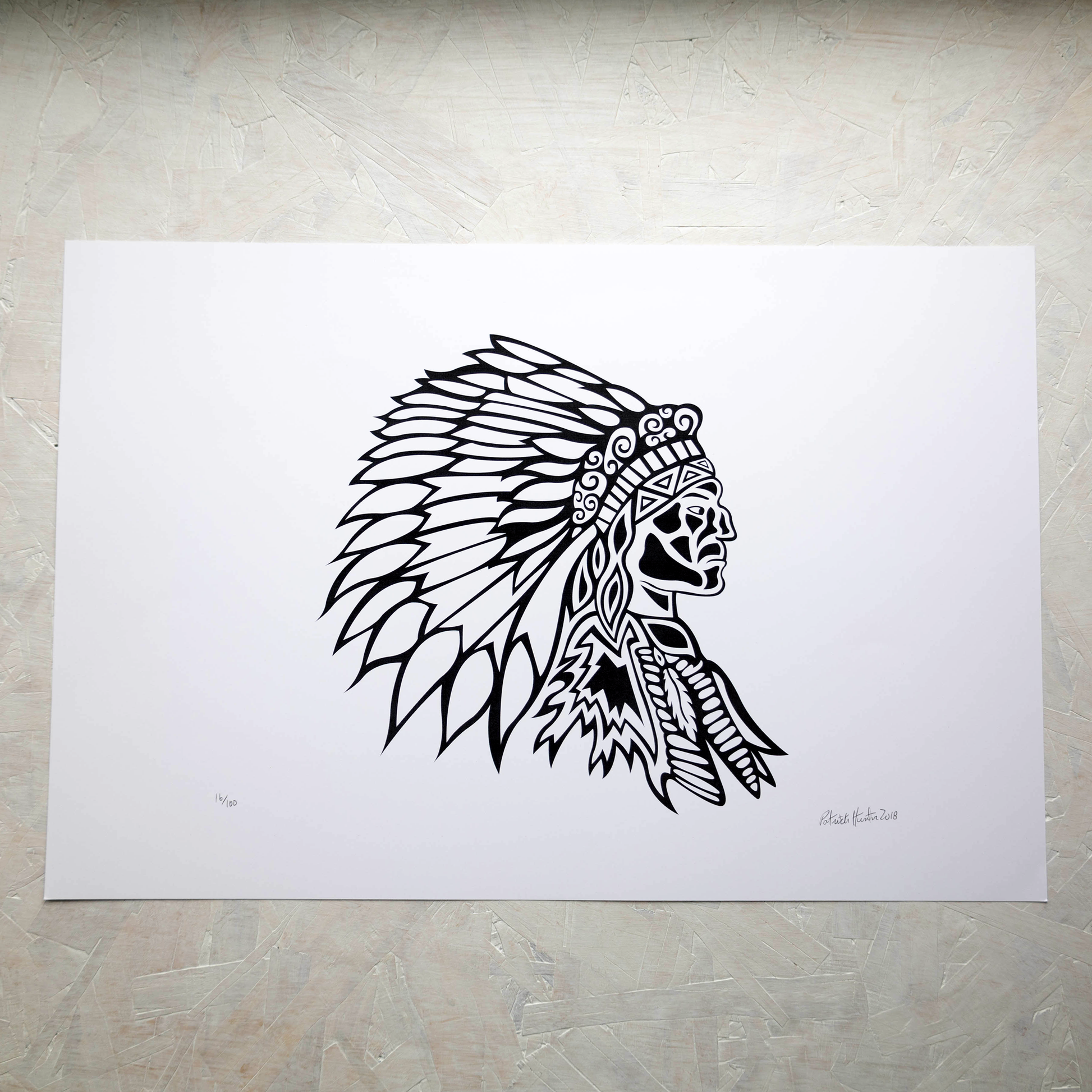 Print of Patrick Hunter's painting of the figure of a person in feather headdress in black and white woodland art style.