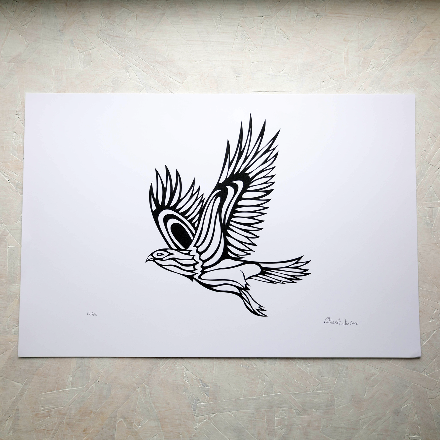 Print of Patrick Hunter's painting of a hawk in flight in black and white, woodland art style.