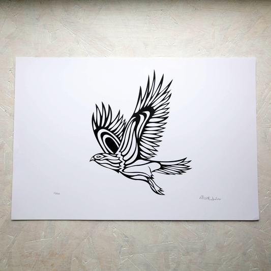 Print of Patrick Hunter's painting of a hawk in flight in black and white, woodland art style.