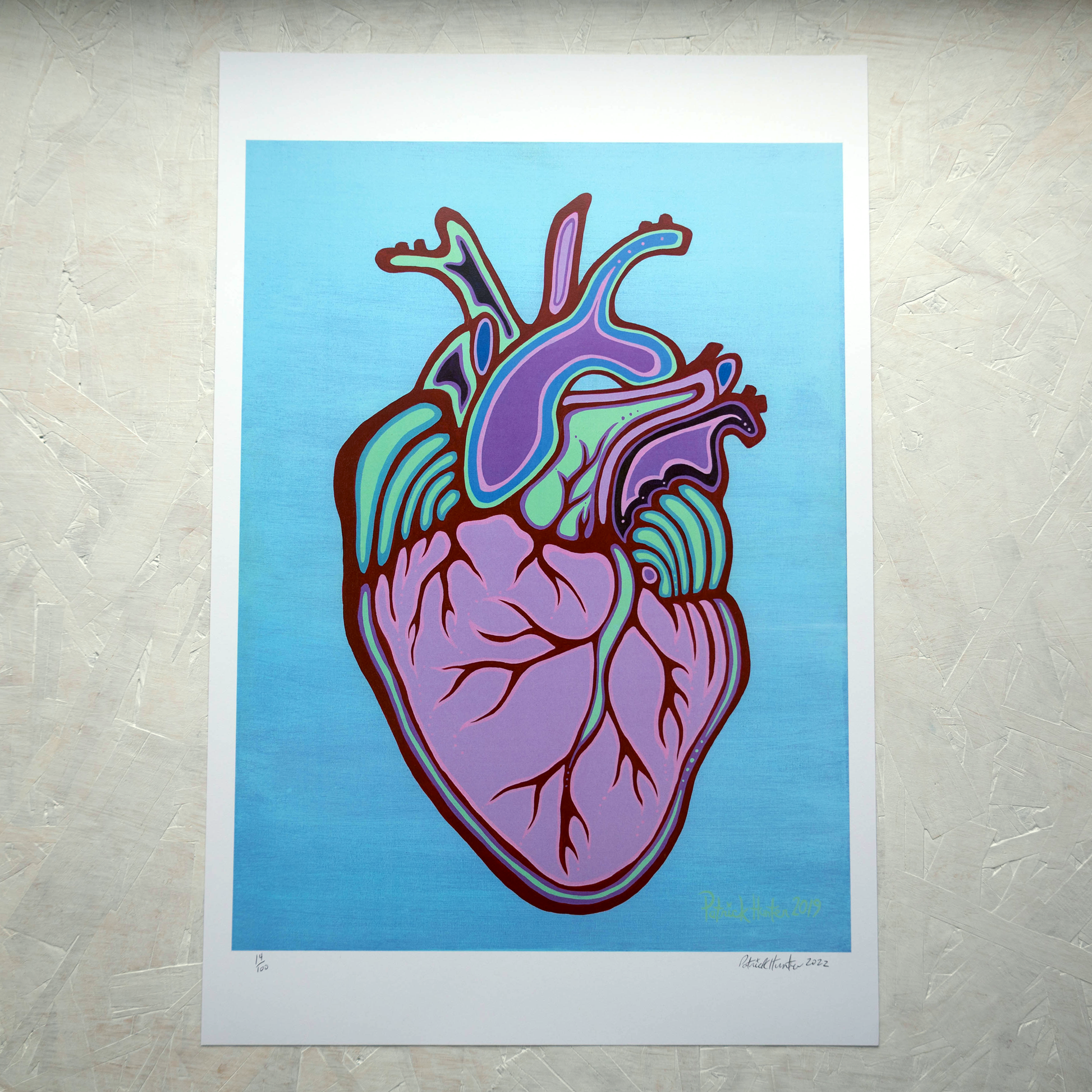 Print of Patrick Hunter's painting of an anatomical heart on blue background, woodland art style.