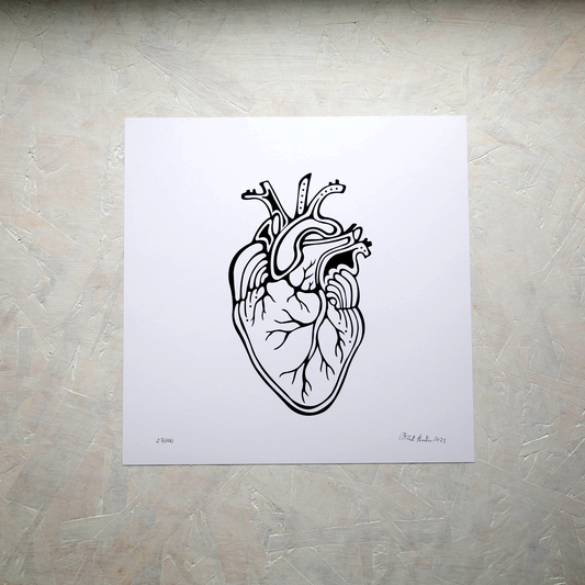 Print of Patrick Hunter's painting of an anatomical heart in black and white, woodland art style.