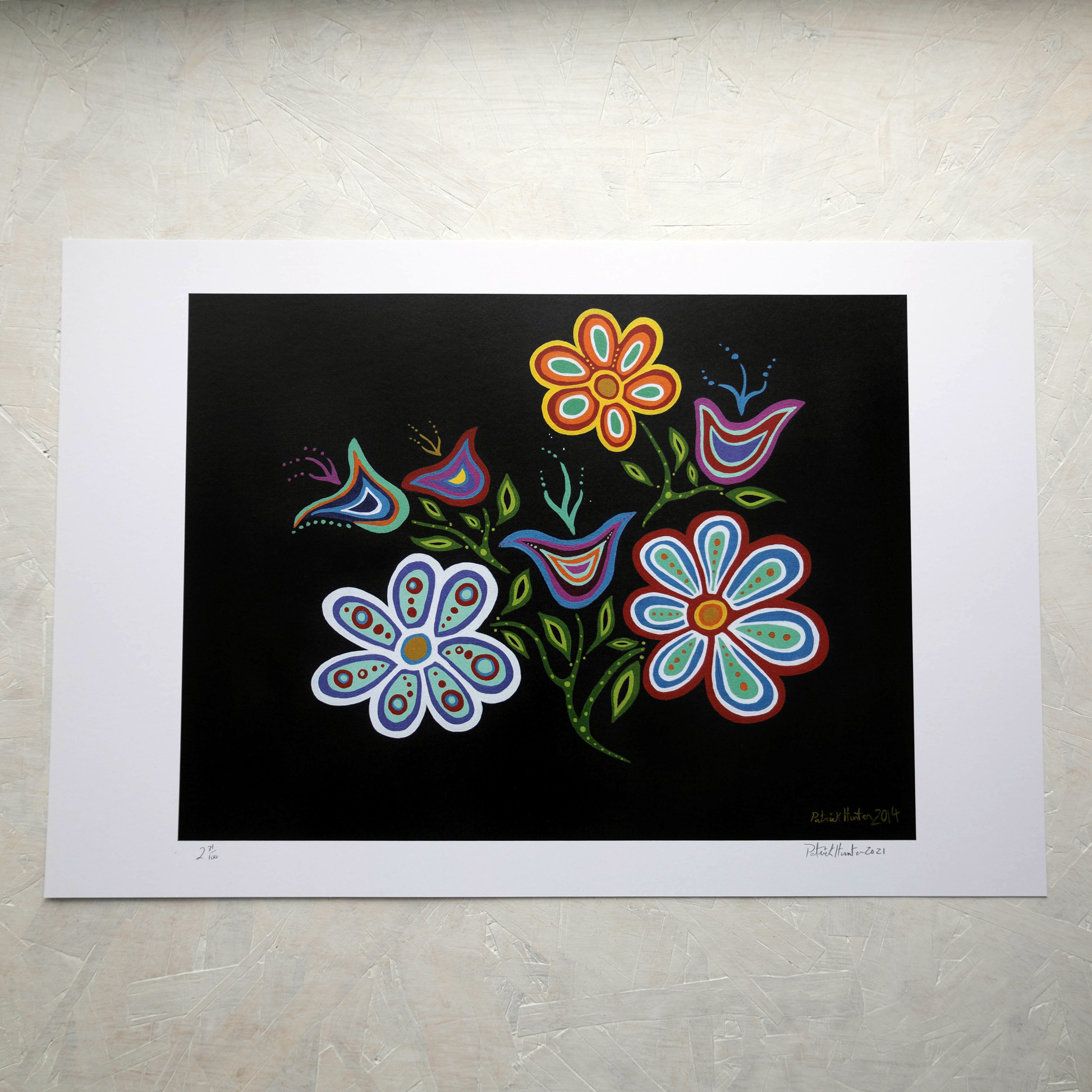 Print of Patrick Hunter's painting of bright flowers in woodland art style on a black backhround.