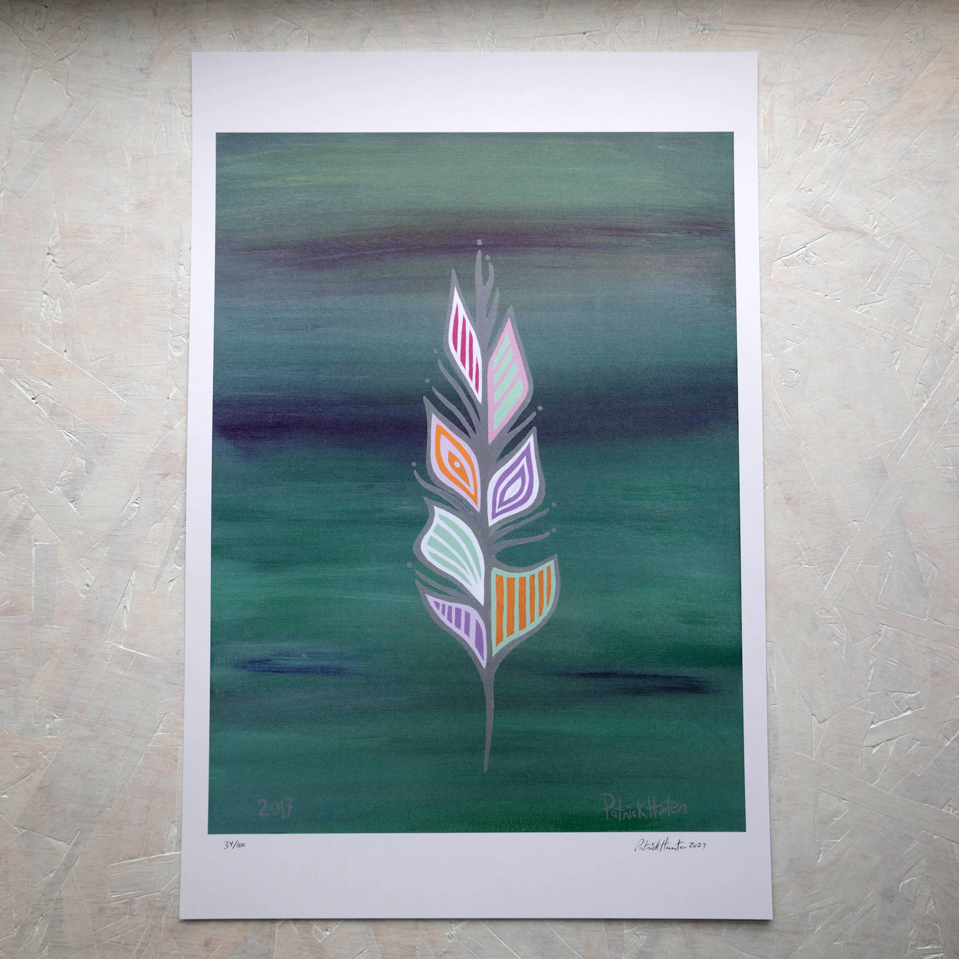 Print of Patrick Hunter's painting of a feather in woodland art style on a varigated background.