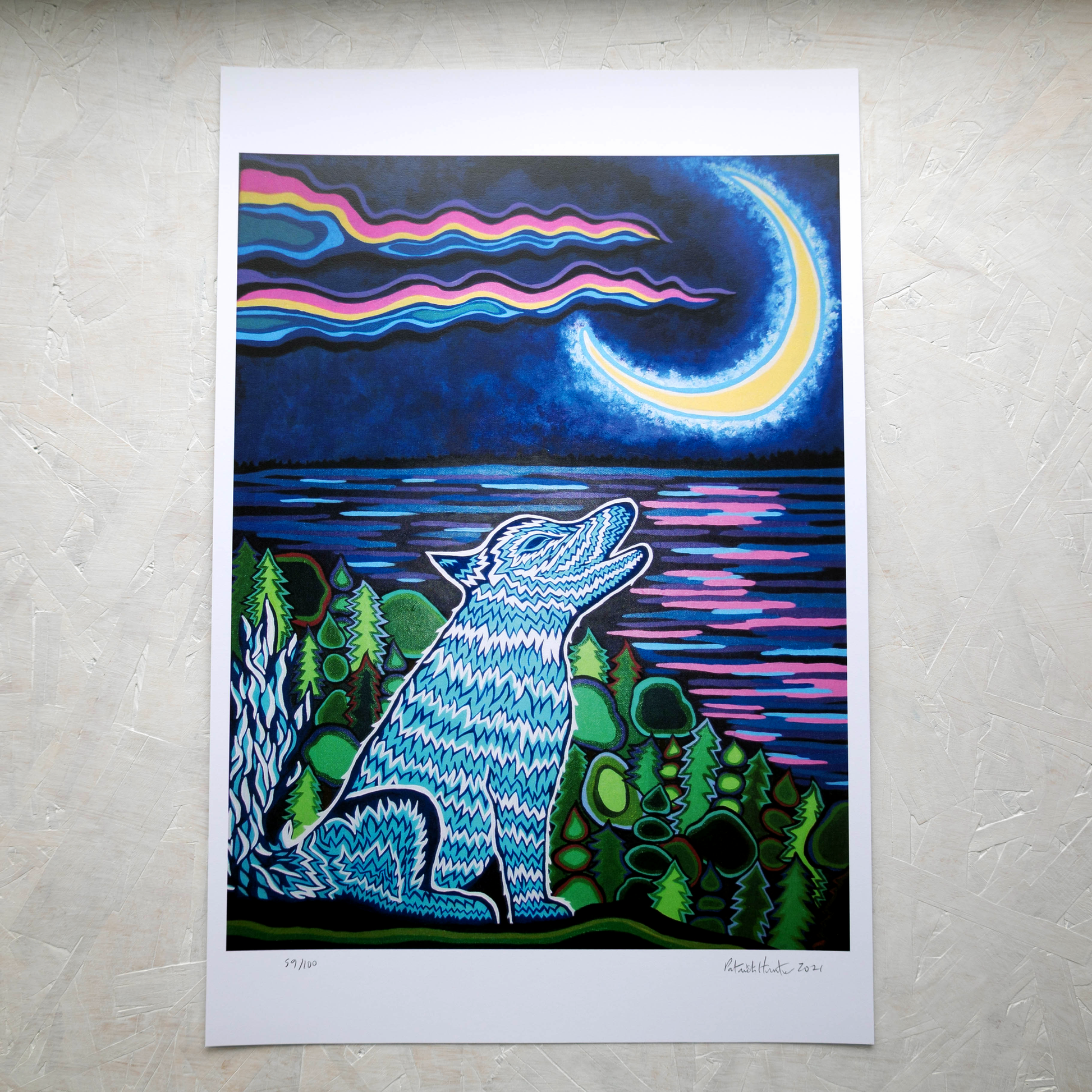 Print of Patrick Hunter's painting of a wolf howling at the moon in woodland art style.