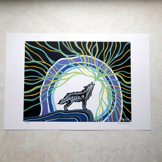 Print of Patrick Hunter's painting of wolf howling at full moon in woodland art style.