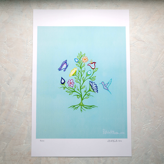 Print of Patrick Hunter's painting of flowers and polinators in woodland art style on light blue background.