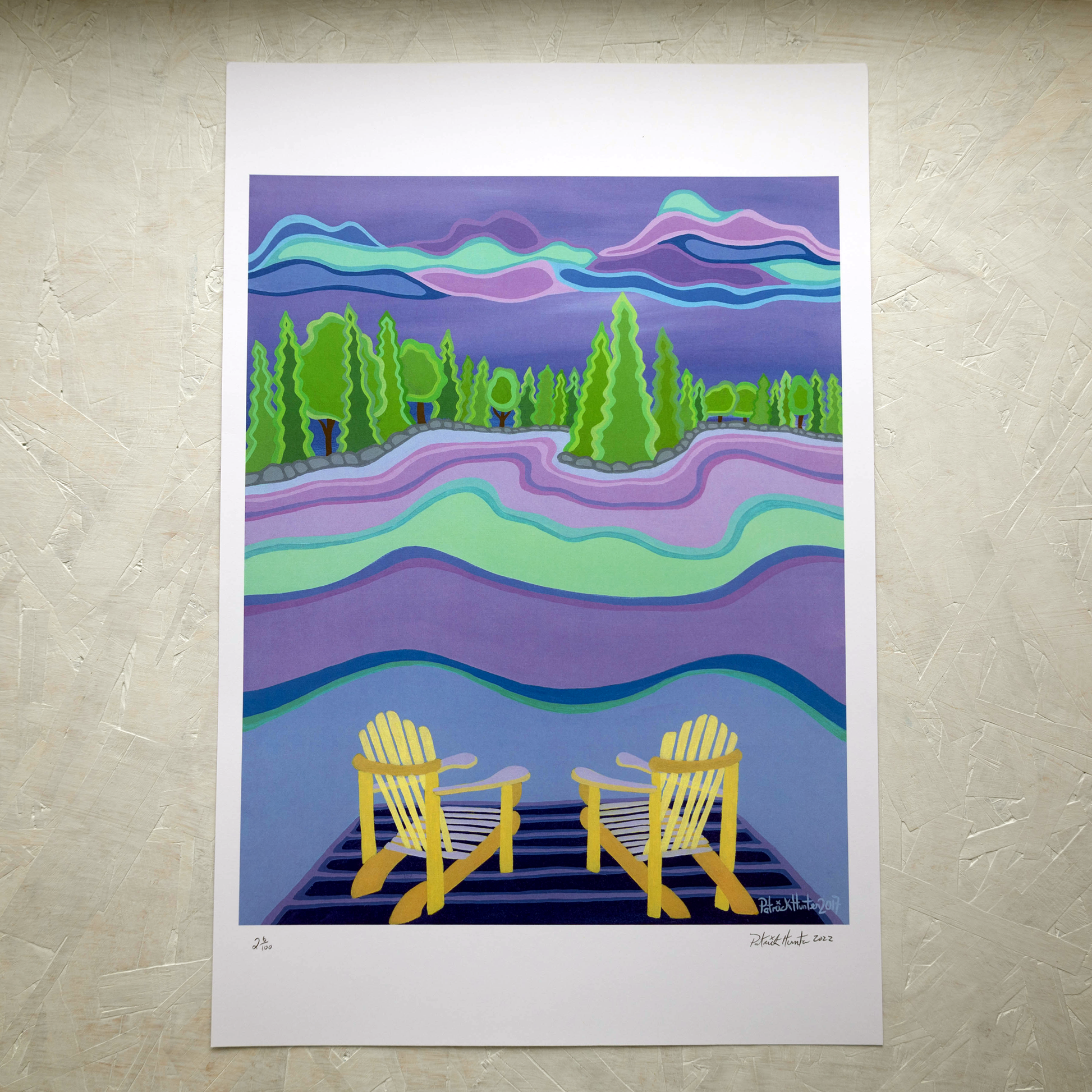 Print of Patrick Hunter's painting of two deck chairs at the edge of a lake, woodland art style.