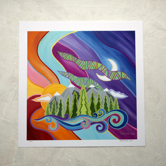 Print of Patrick Hunter's painting of trees, mountains, sun and moon against a swirling backdrop, woodland art style.