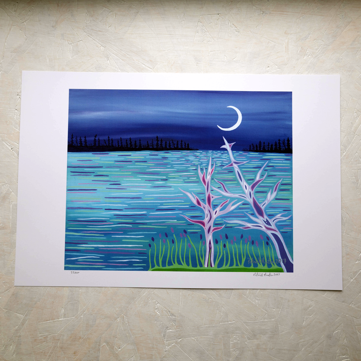Print of Patrick Hunter's painting of a lake view at night with crescent moon, woodland art style.