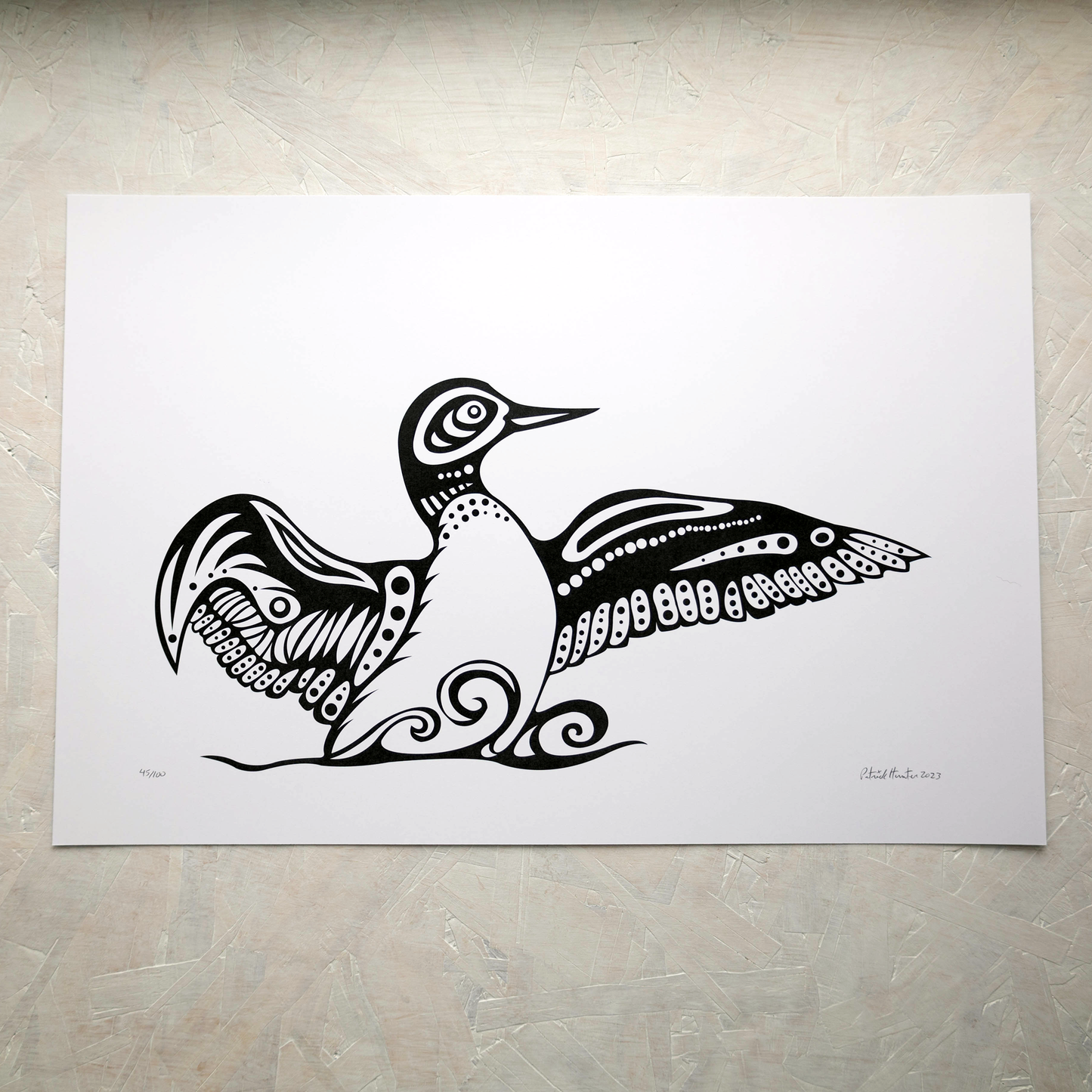 Print of Patrick Hunter's painting of a loon, wings outstretched, black and white, woodland art style.