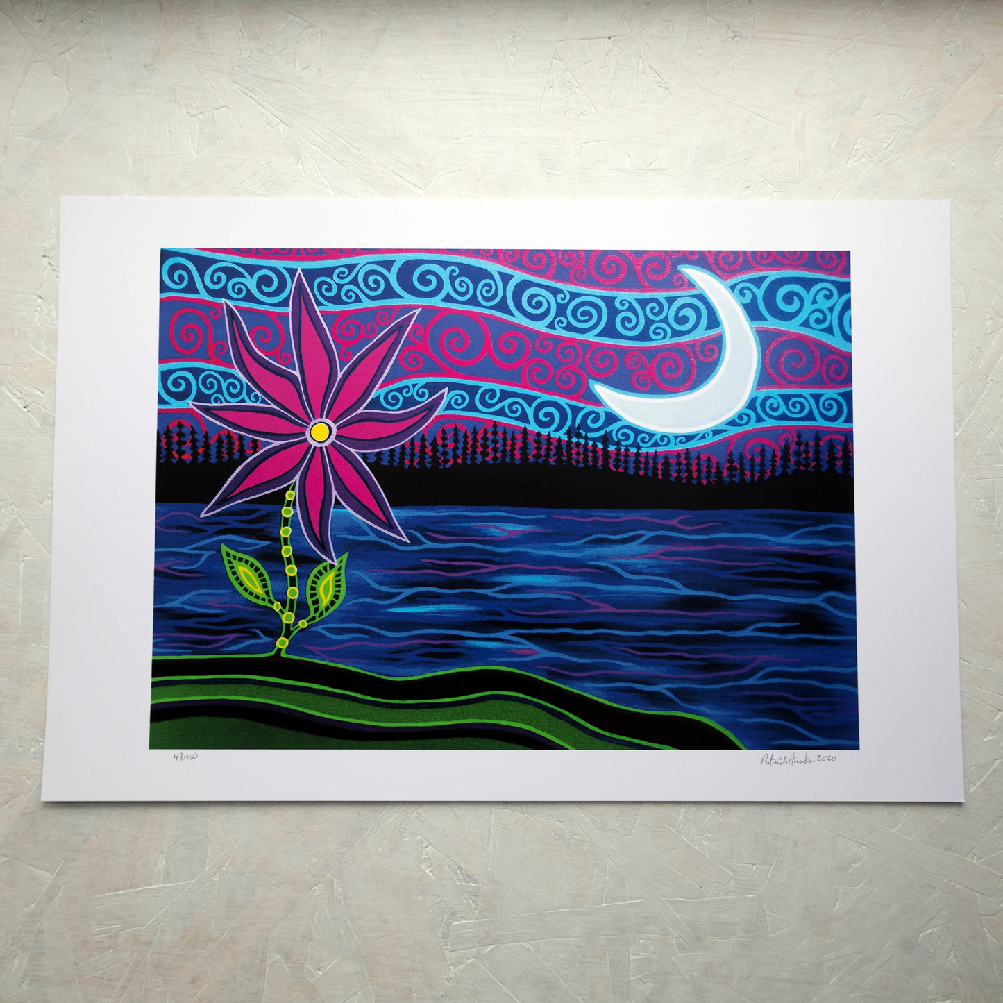 Print of Patrick Hunter's painting of a bright pink daisy against a background of lake, trees, and crescent moon, woodland art style.