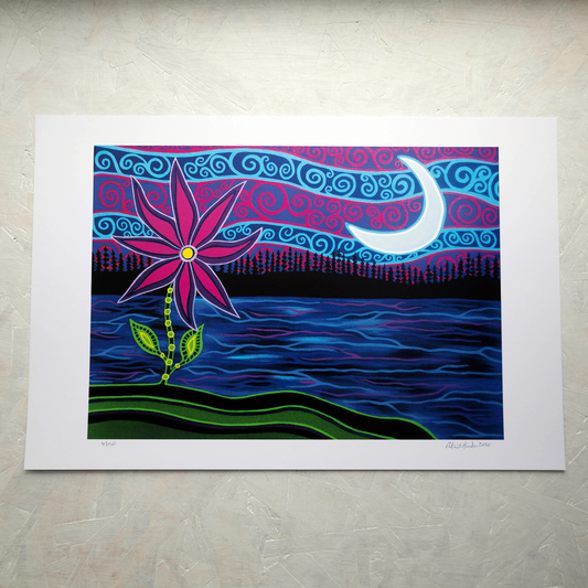 Print of Patrick Hunter's painting of a bright pink daisy against a background of lake, trees, and crescent moon, woodland art style.